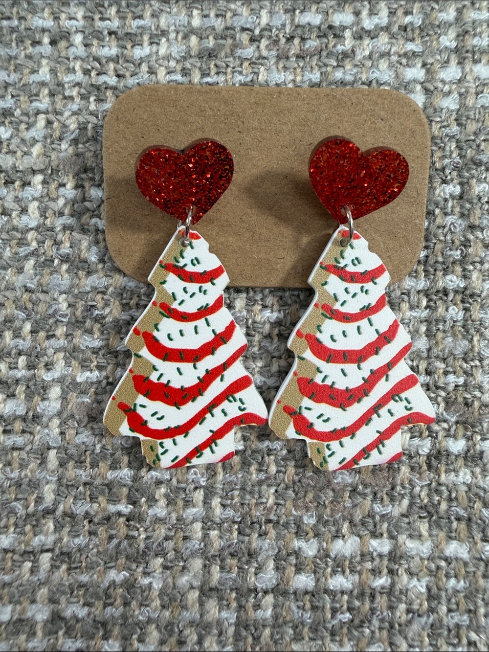 Festive Red Glitter Heart Christmas Tree Dangle Earrings